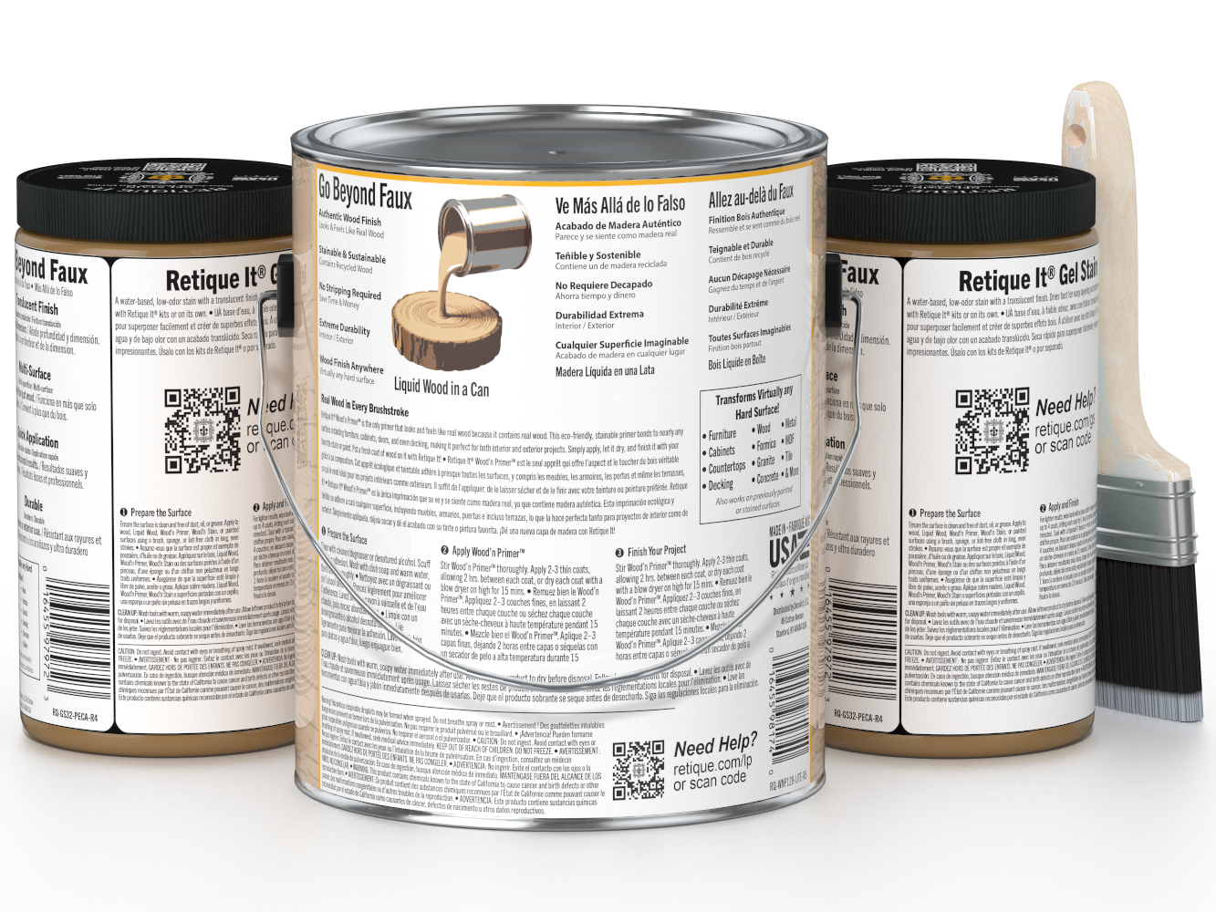 Three cans of Retique It! Gel Stain with labels and a brush on a white background