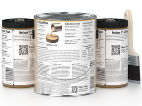 Three cans of Retique It! Gel Stain with labels and a brush on a white background