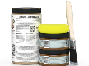 Two jars of Retique It Liquid Wood Coatings with a brush on a white background