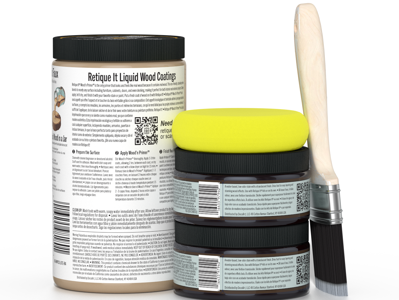 Three jars of Retique It Liquid Wood Coatings with a foam applicator and brush on a white background