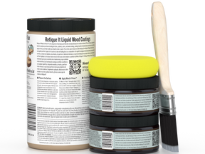 Three jars of Retique It Liquid Wood Coatings with a foam applicator and brush on a white background