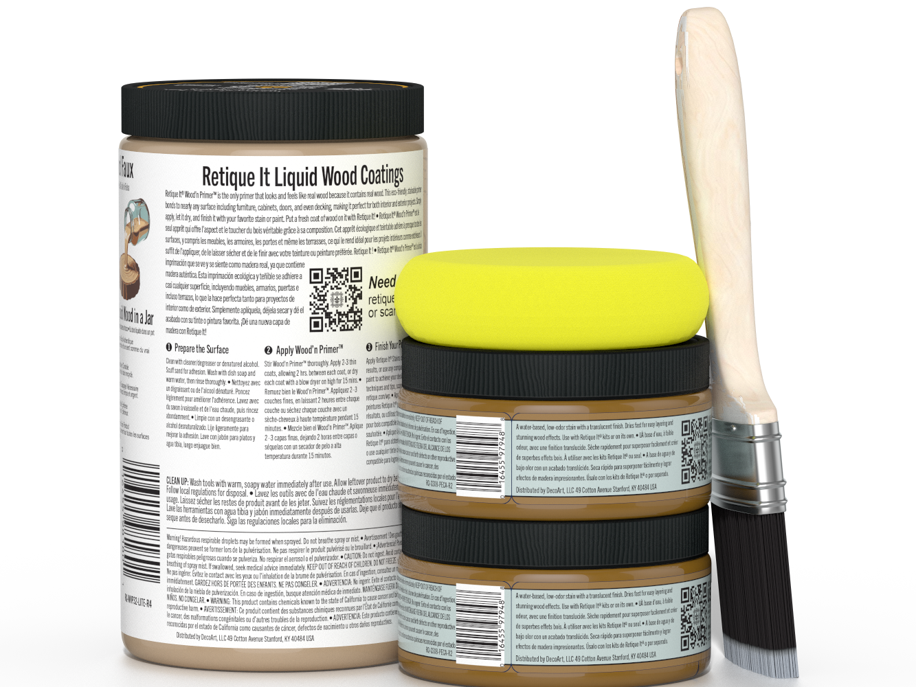 Two jars of Retique It Liquid Wood Coatings with a brush on a white background