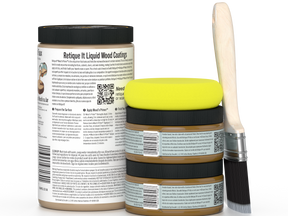 Two jars of Retique It Liquid Wood Coatings with a brush on a white background