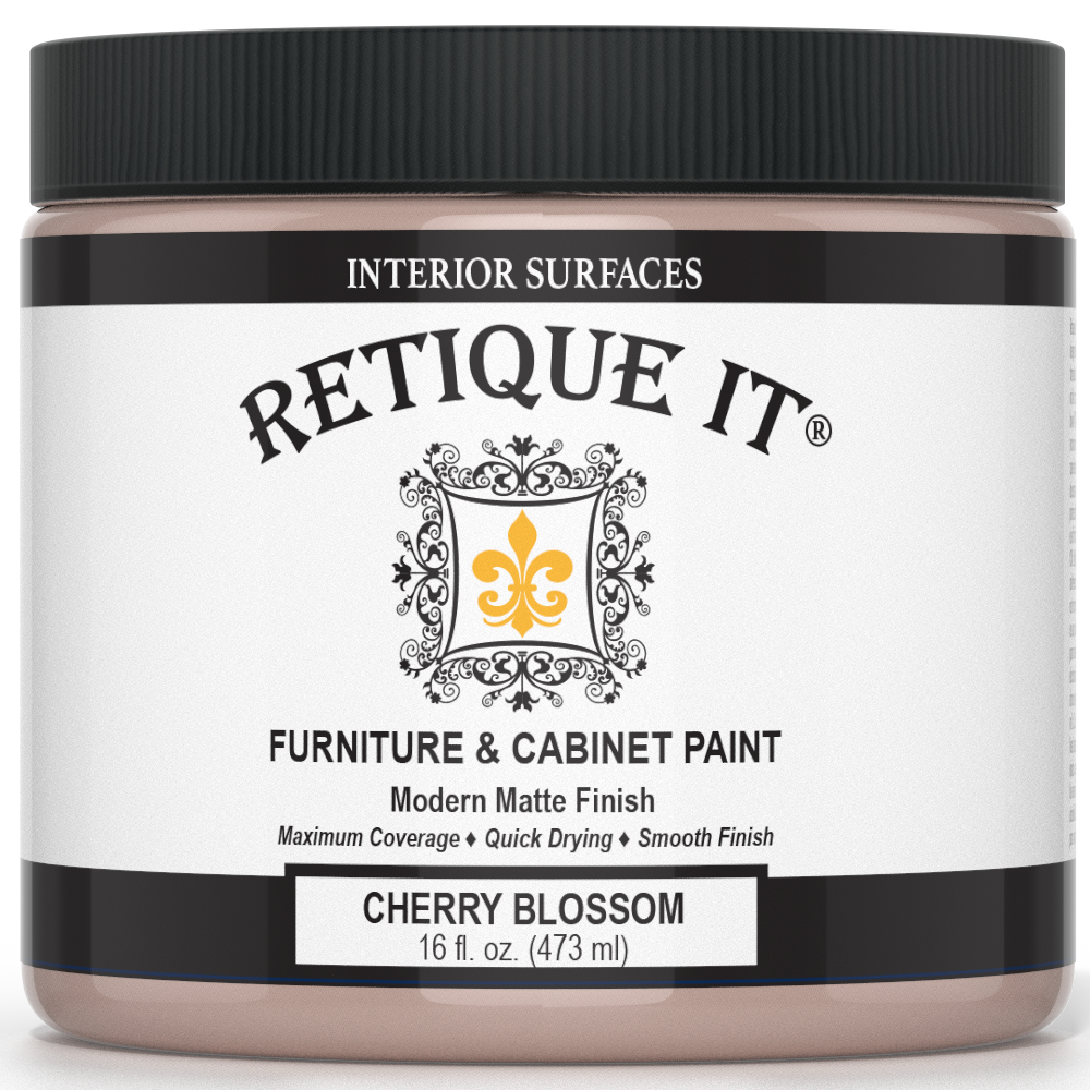 Jar of Retique It furniture and cabinet paint in Cherry Blossom color on a white background