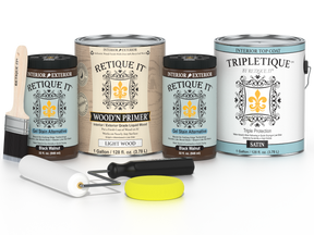 Collection of Retique It wood finish products including cans, a brush, and applicators on a white background.