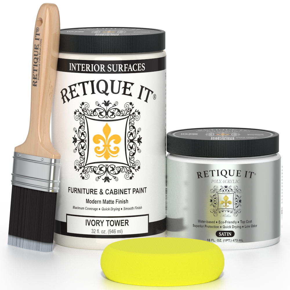 Retique It furniture paint with a brush and sample on a white background