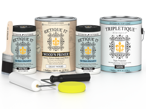 Collection of paint cans and tools with 'Retique It' branding on a white background