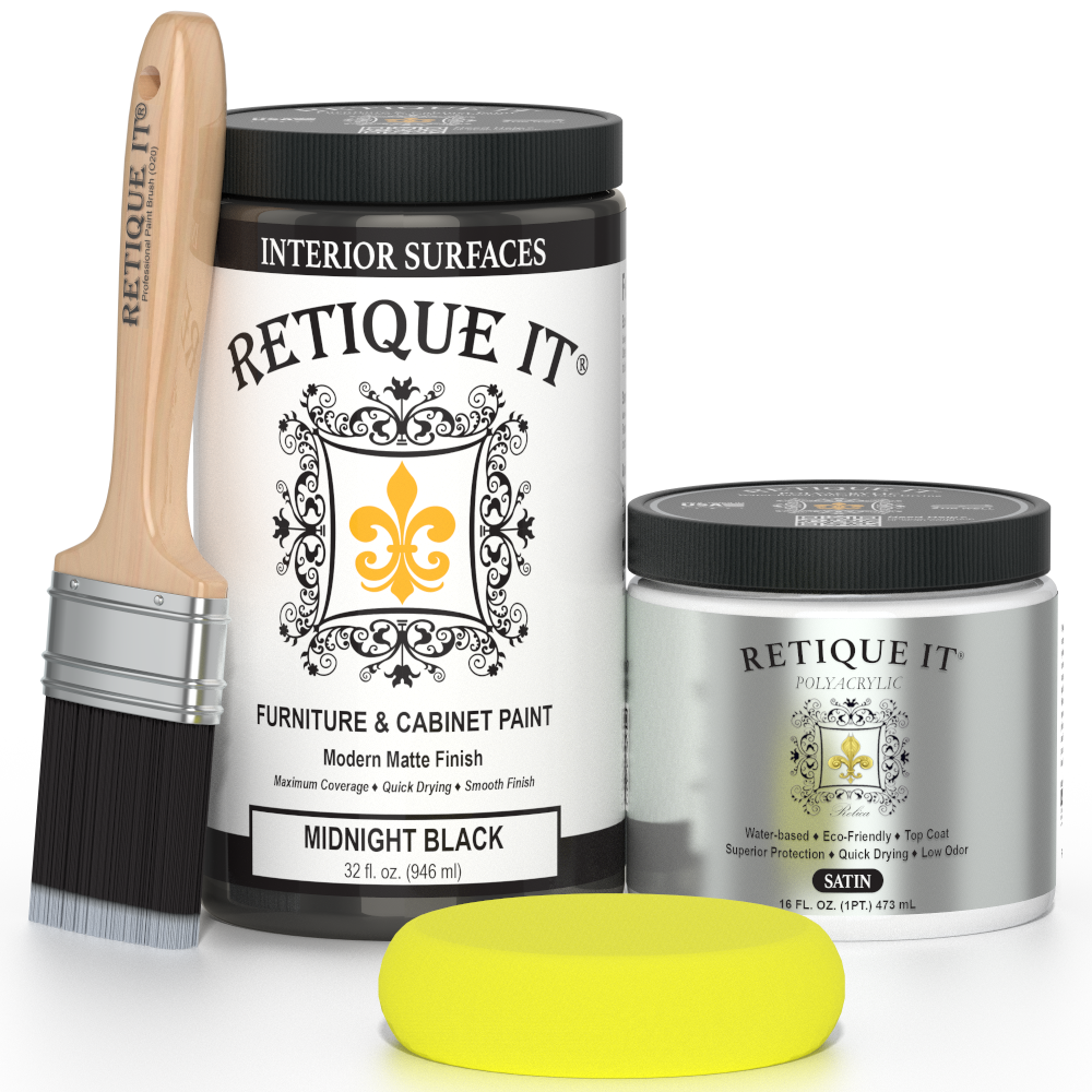 Retique It furniture paint with a brush and sample on a white background