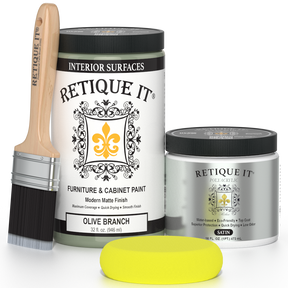 Retique It furniture paint set with a brush and sample on a white background