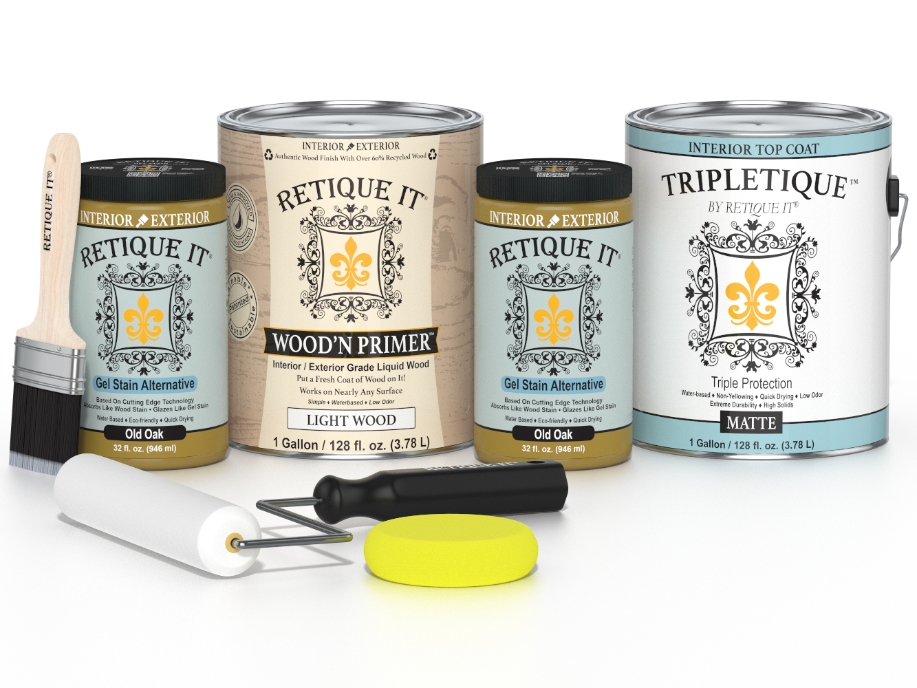 Collection of paint cans and tools with 'Retique It' branding on a white background