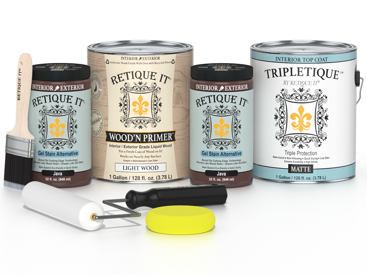 Collection of paint cans and tools with 'Retique It' branding on a white background