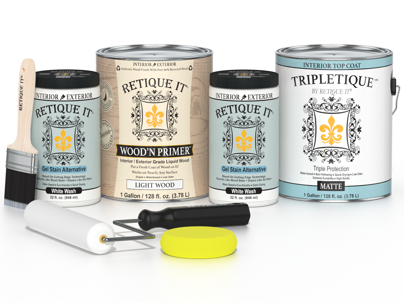 Collection of paint cans and tools with 'Retique It' branding on a white background