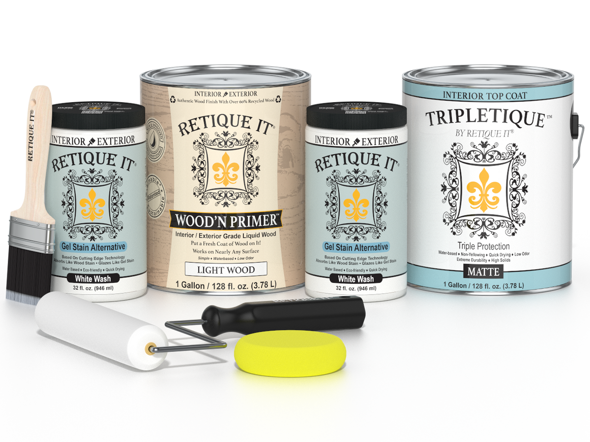 Collection of paint cans and tools with 'Retique It' branding on a white background