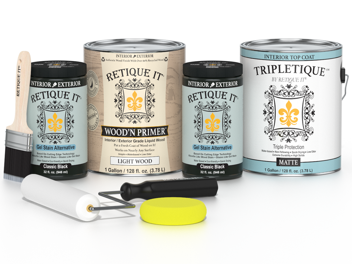 Collection of paint cans and tools with 'Retique It' branding on a white background