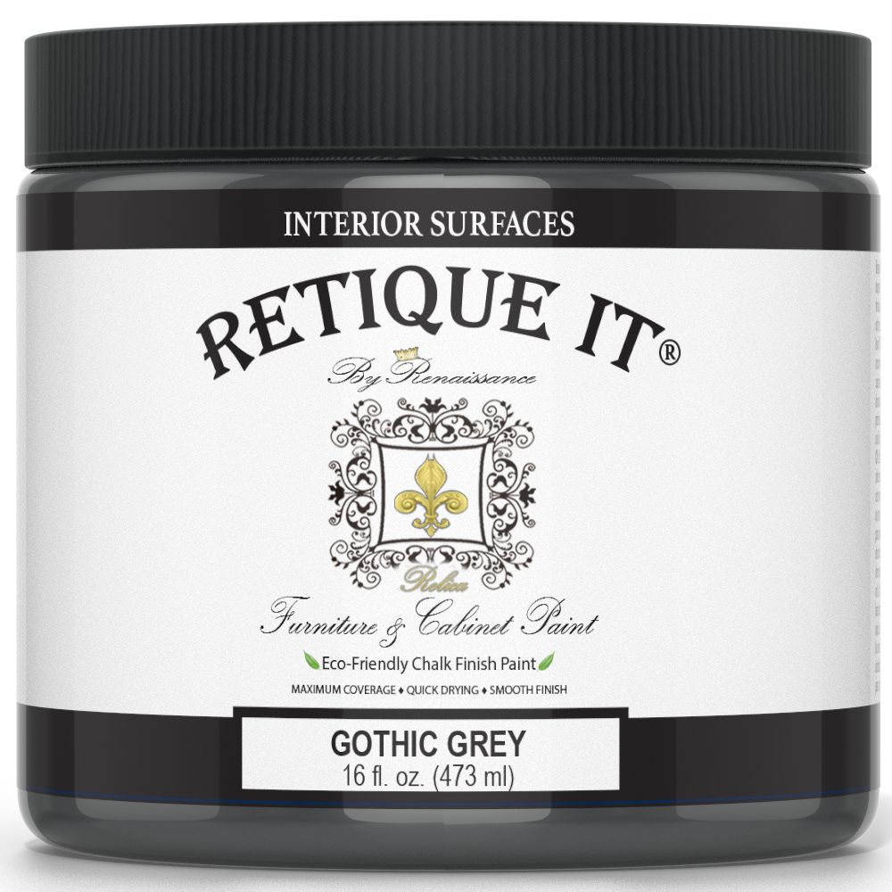 Retique It by Renaissance Furniture & Cabinet Paint in Gothic Grey, 16 oz jar, eco-friendly chalk finish paint for interior surfaces.