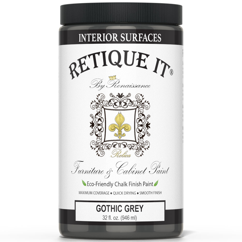 Retique It by Renaissance Furniture & Cabinet Paint in Gothic Grey, 32 oz jar, eco-friendly chalk finish paint for interior surfaces.