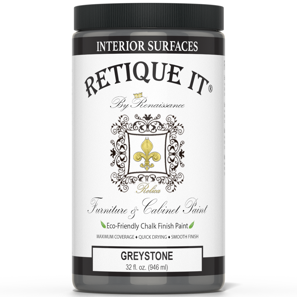 Retique It by Renaissance Furniture & Cabinet Paint in Greystone, 32 oz jar, eco-friendly chalk finish paint for interior surfaces.