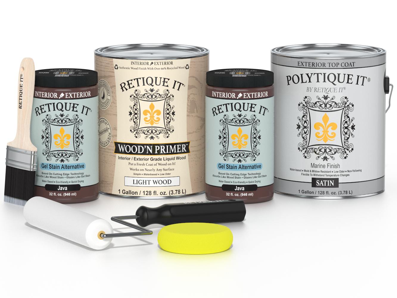Collection of paint cans and tools with 'Retique It' and 'Polytique It' branding on a white background.