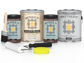 Collection of paint cans and tools with 'Retique It' and 'Polytique It' branding on a white background.