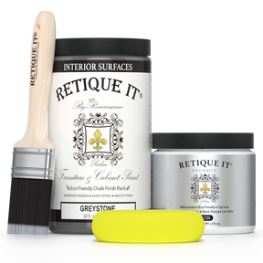 Retique It by Renaissance Greystone furniture and cabinet paint with polyacrylic top coat, paintbrush, and yellow applicator sponge.