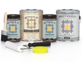 Collection of paint cans and tools with 'Retique It' and 'Polytique It' branding on a white background.