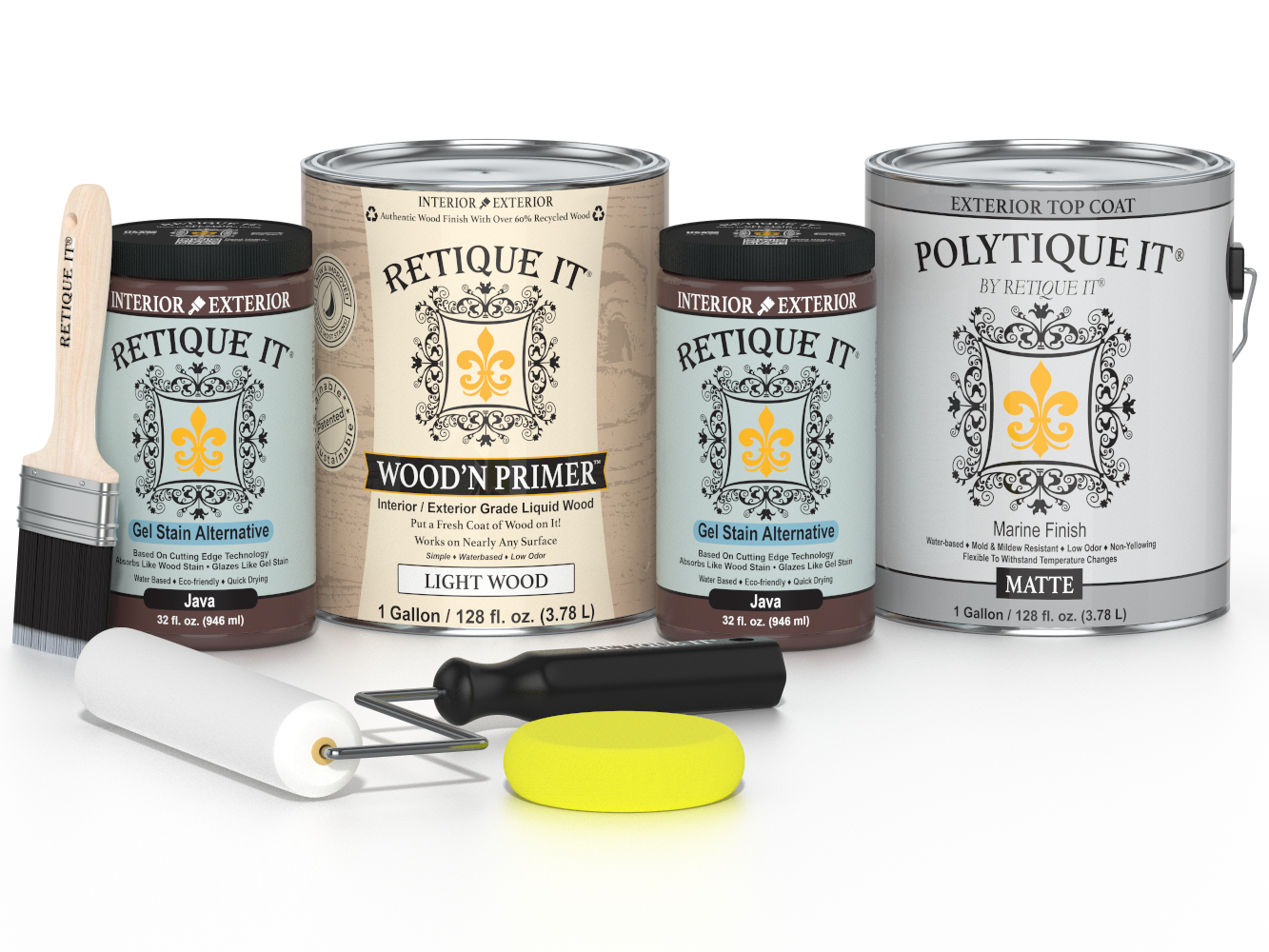 Collection of paint cans and tools with 'Retique It' and 'Polytique It' branding on a white background.
