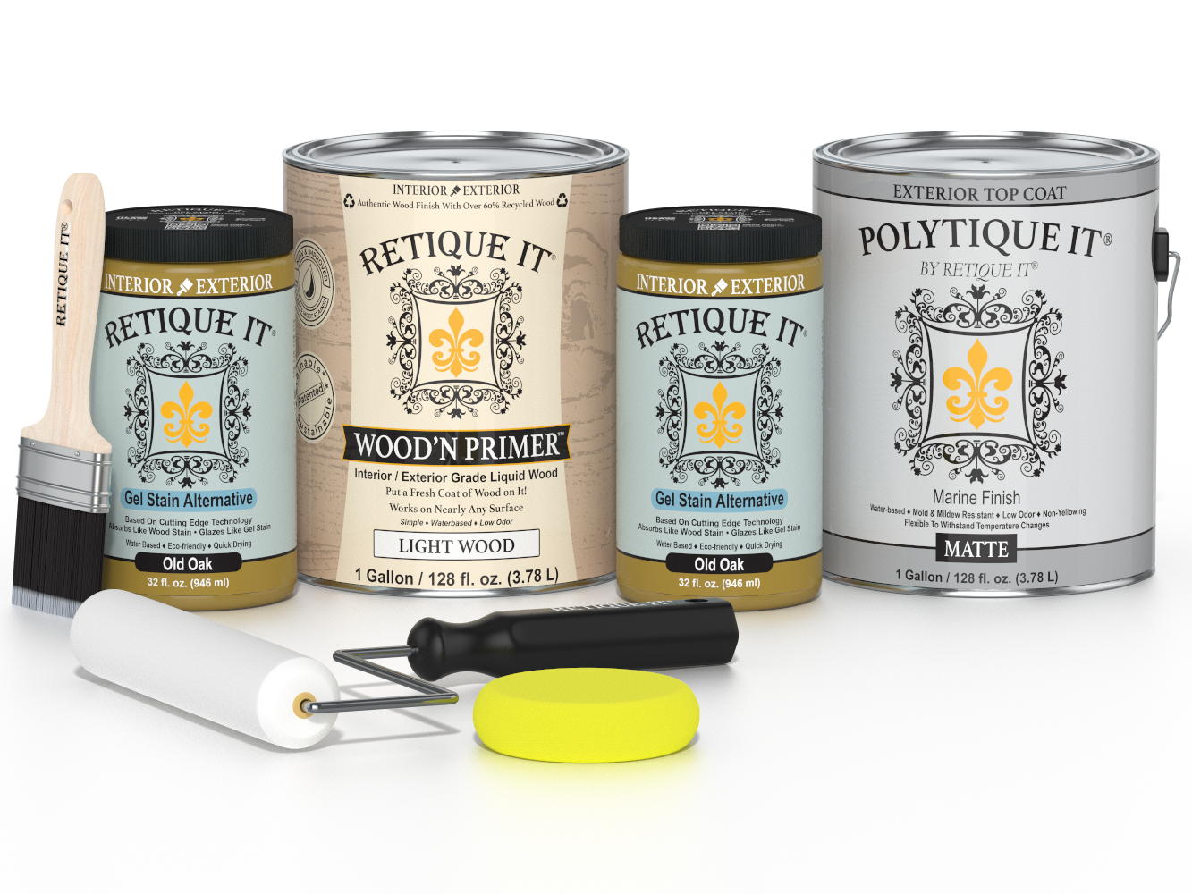 Collection of paint cans and tools with 'Retique It' and 'Polytique It' branding on a white background.