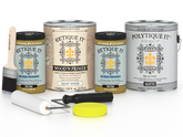 Collection of paint cans and tools with 'Retique It' and 'Polytique It' branding on a white background.