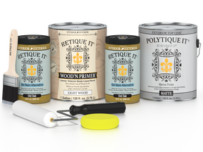 Collection of paint cans and tools with 'Retique It' and 'Polytique It' branding on a white background.