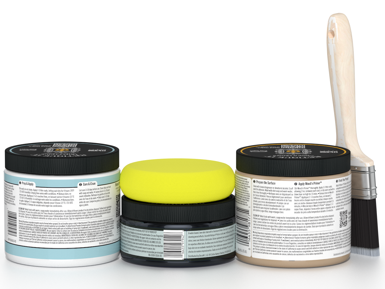 Three paint cans with different colored lids and a paintbrush on a white background
