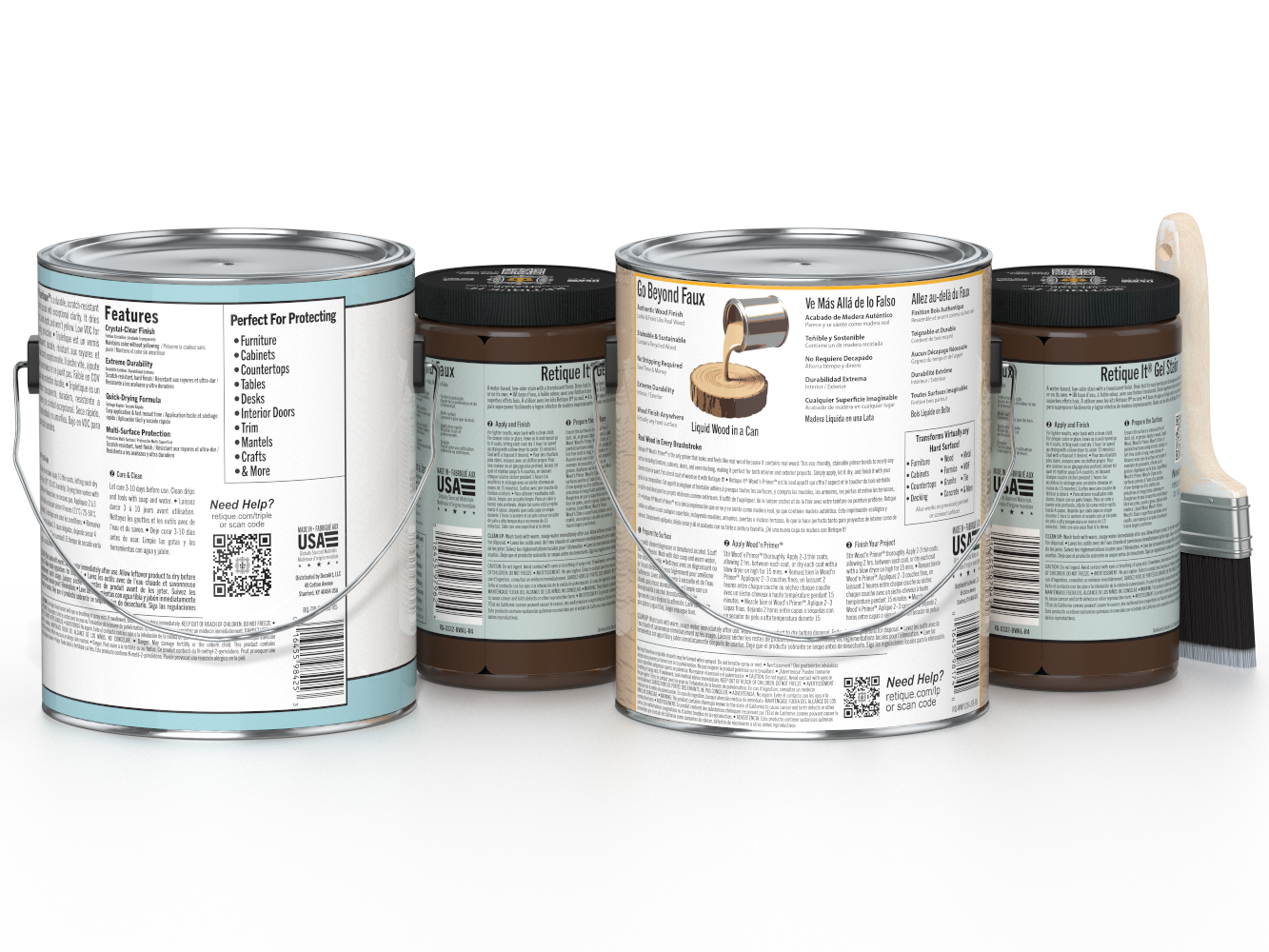 Four paint cans with labels on a white background