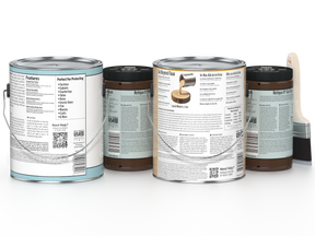 Four paint cans with labels on a white background