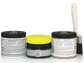 Three paint cans with different colored lids and a paintbrush on a white background