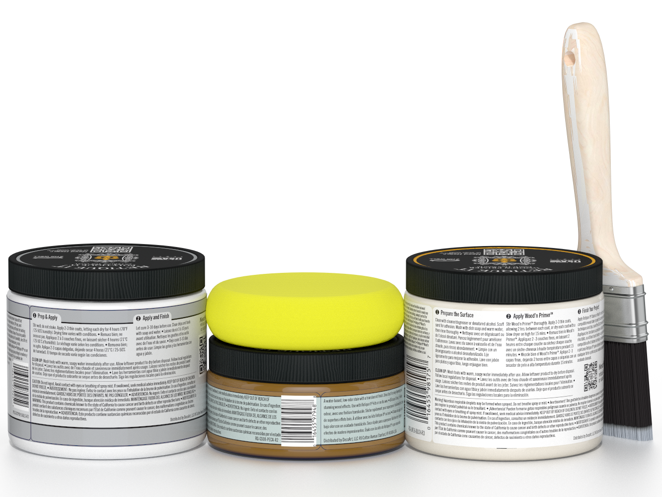 Three paint cans with labels and a paintbrush on a white background