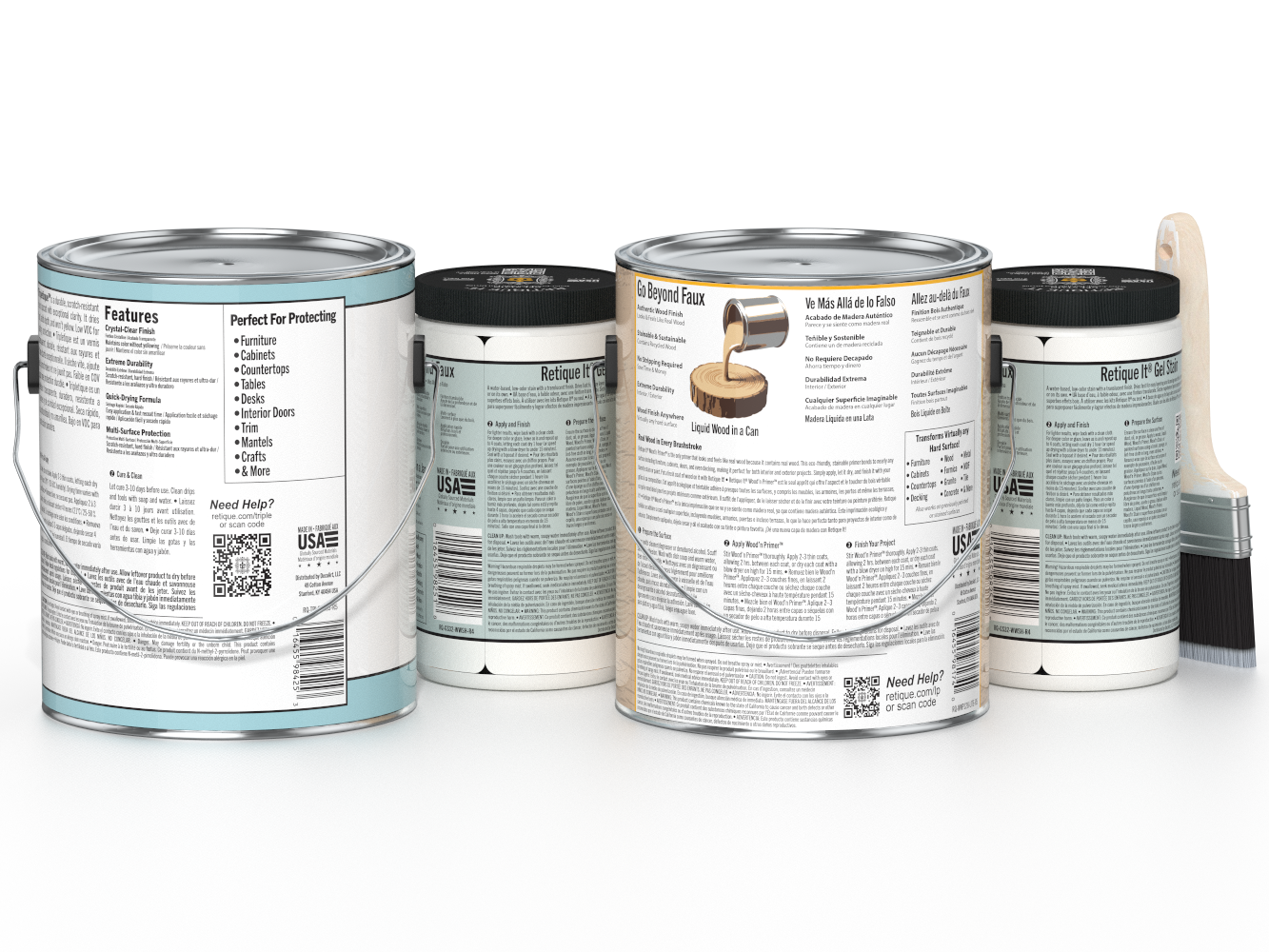 Four paint cans with labels on a white background