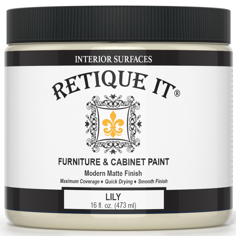 Jar of Retique It furniture and cabinet paint with 'Lily' flavor on a white background