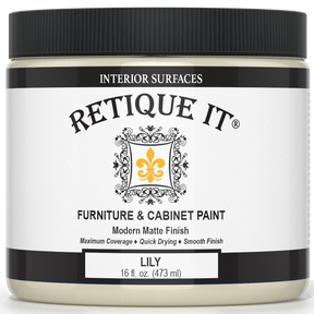 Jar of Retique It furniture and cabinet paint with 'Lily' flavor on a white background
