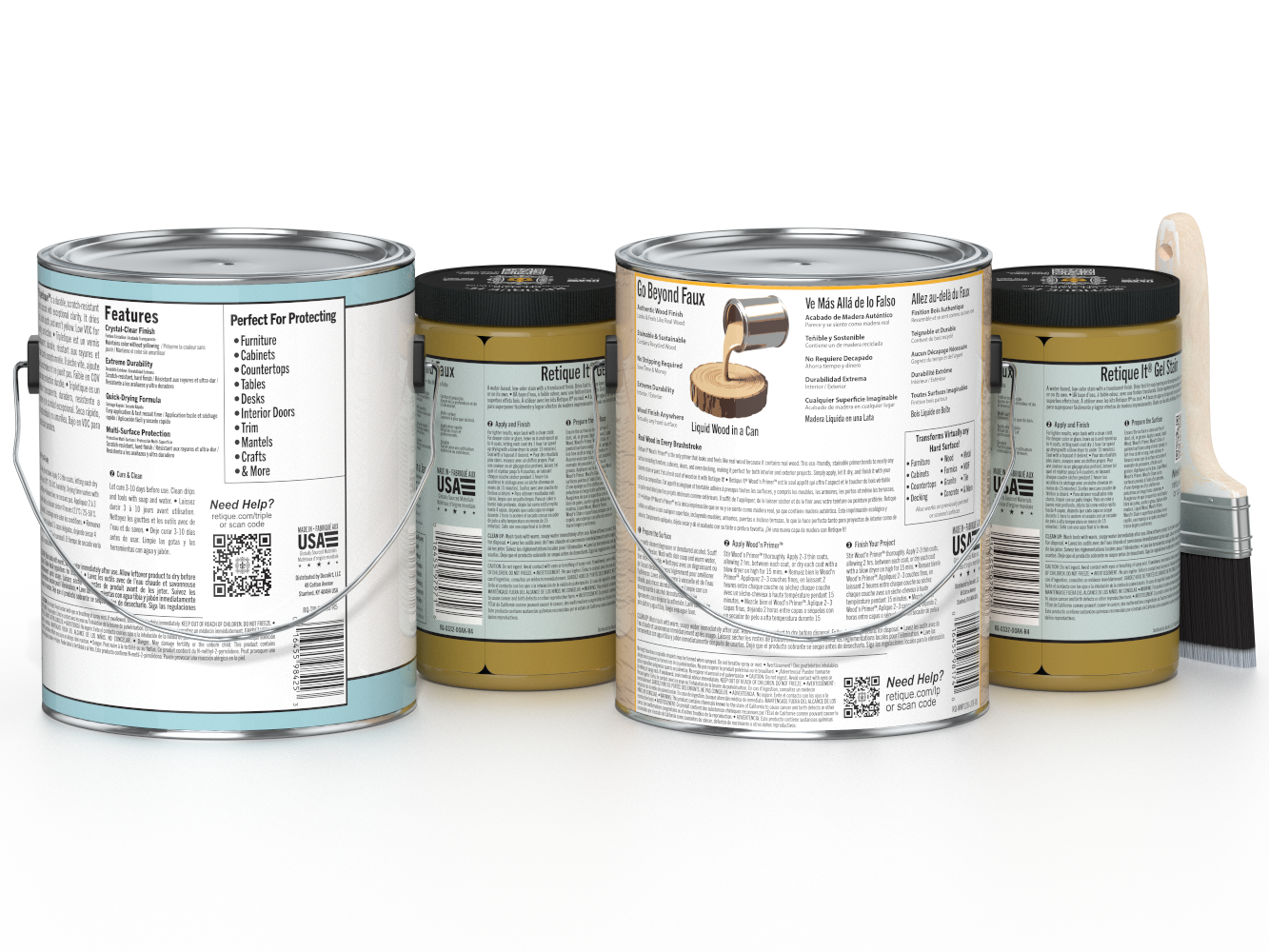 Four paint cans with labels on a white background