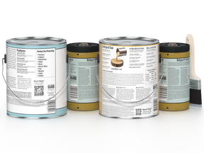 Four paint cans with labels on a white background