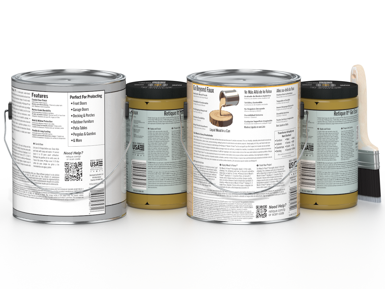 Four paint cans with labels on a white background