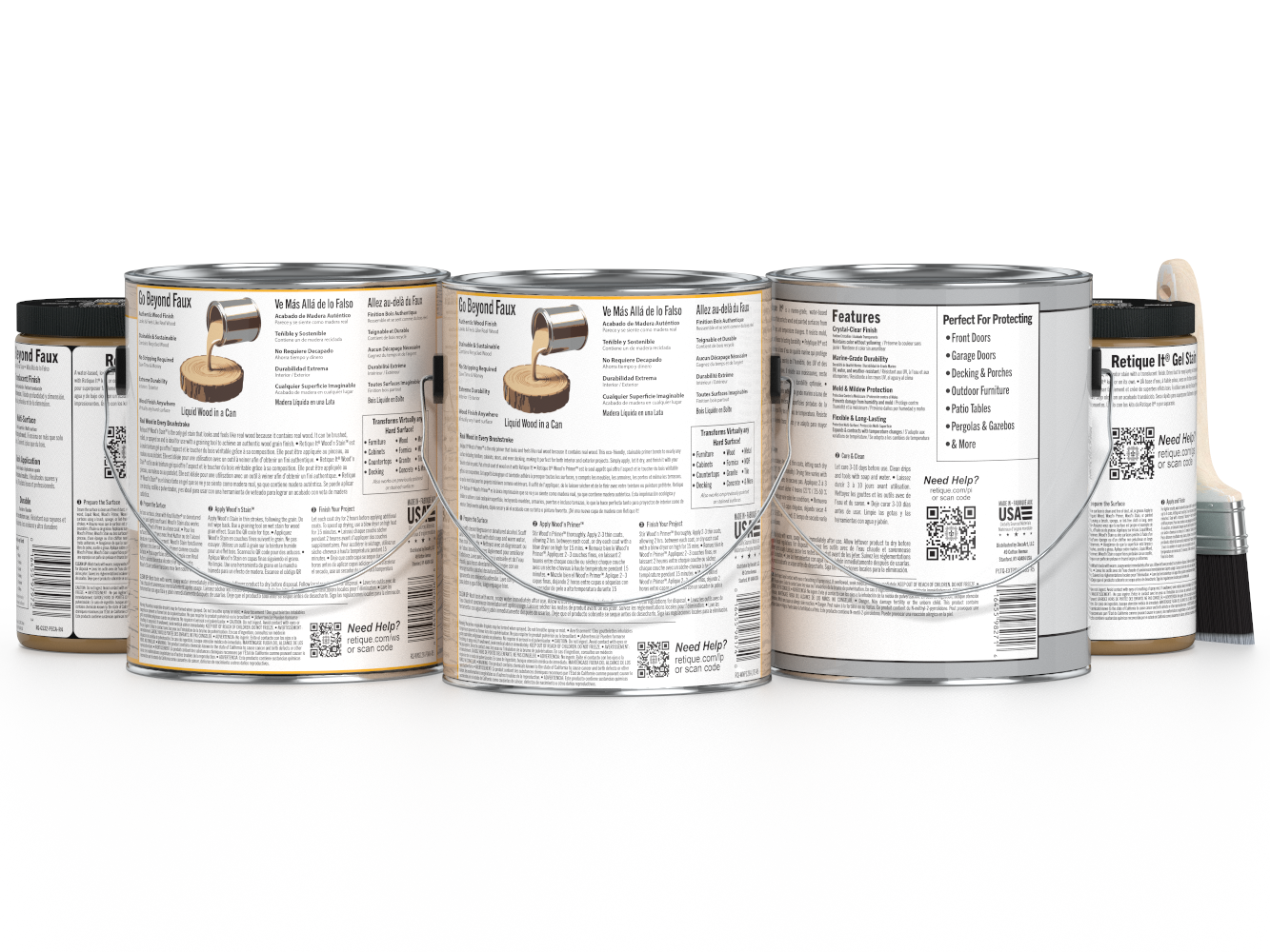 Retique It® Wood'n Finish Kit with four pickled oak exterior top coat bottles, showcasing the wood finish products.