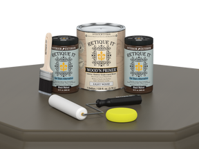 Retique It wood primer and related tools on a gray surface