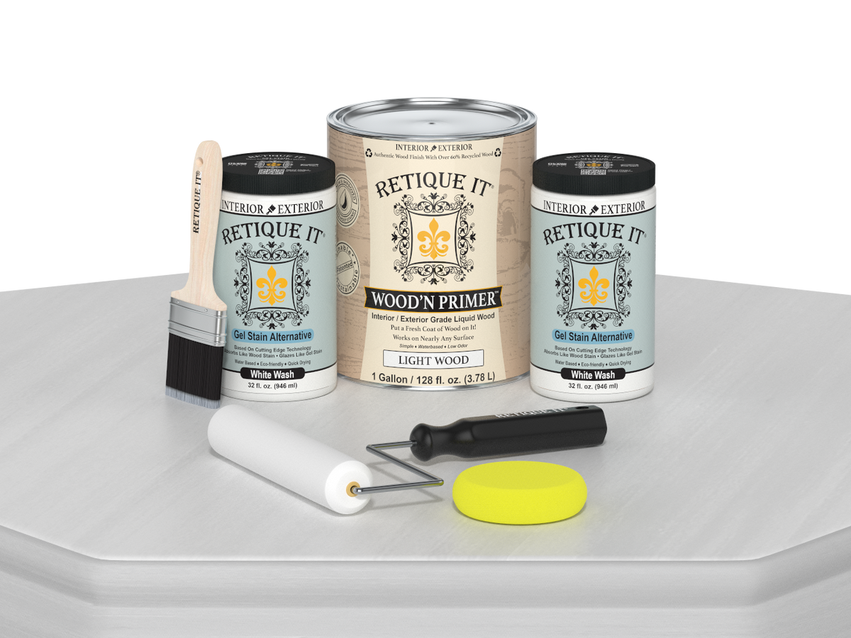 Retique It wood primer set with cans, brush, roller, and other tools on a white surface