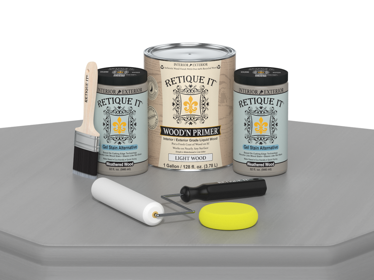 Paint cans and tools on a gray surface with 'Retique It' branding.