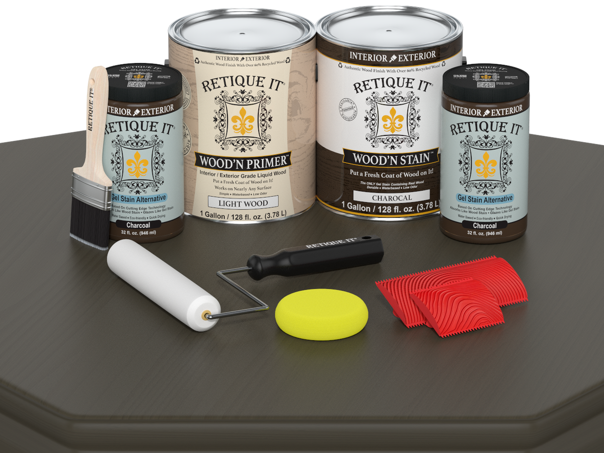 Retique It wood care products including cans, brush, roller, and applicators on a dark surface.