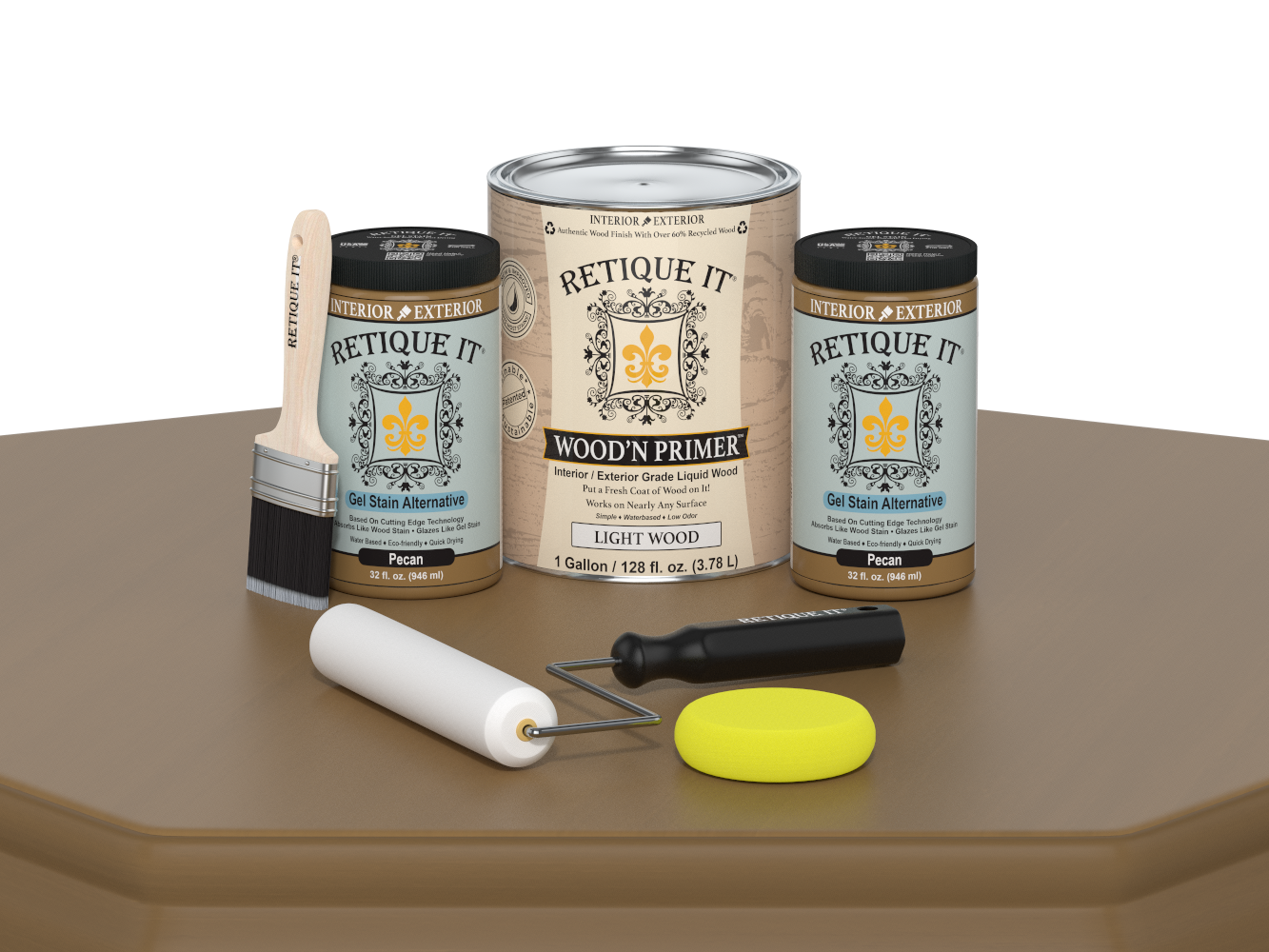 Retique It wood primer set with cans, tools, and a roller on a brown surface.