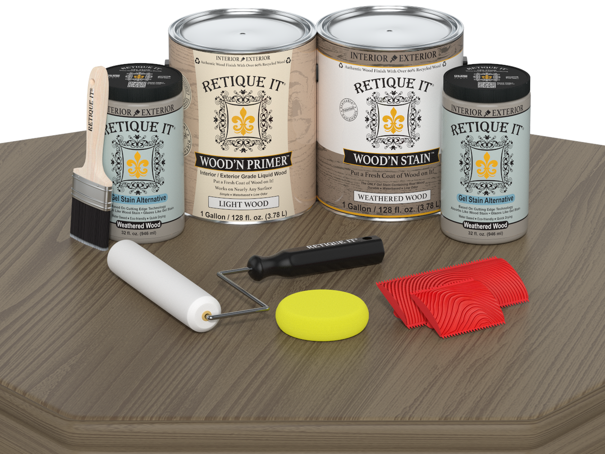 Retique It wood care products including cans, a brush, roller, and applicators on a wooden surface.