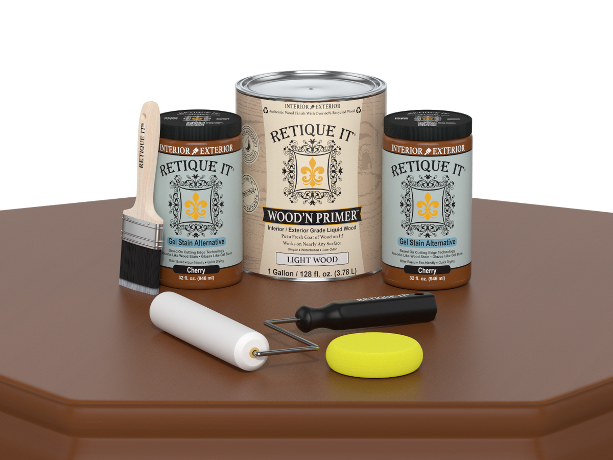 Retique It wood primer and related tools on a brown surface