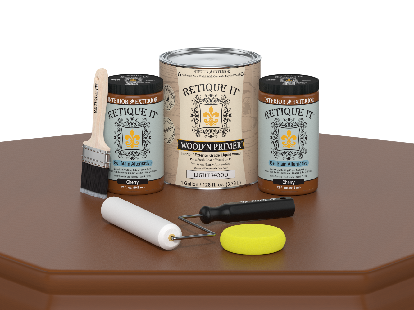 Retique It wood primer and related tools on a brown surface