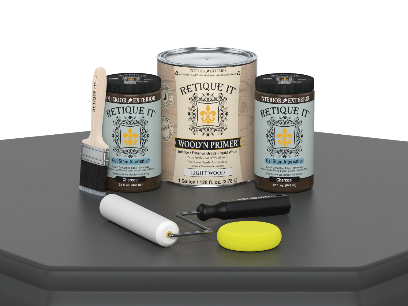 Retique It wood primer set with cans, applicator, and tools on a gray surface